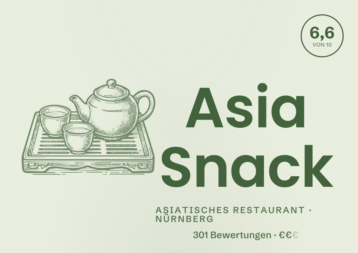 Illustriertes Poster von Asia Snack, Asiatisches Restaurant in Nürnberg: Bewertung 6,6 von 10 aus 301 Bewertungen, Preisniveau €€