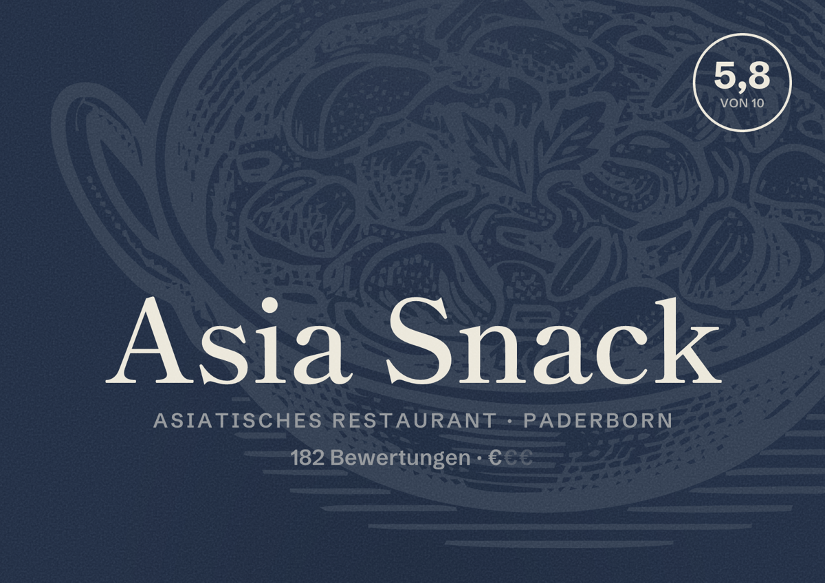Illustriertes Poster von Asia Snack, Asiatisches Restaurant in Paderborn: Bewertung 5,8 von 10 aus 182 Bewertungen, Preisniveau €