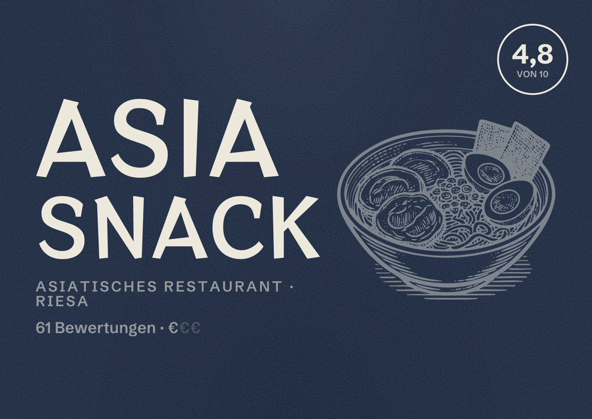 Illustriertes Poster von Asia Snack, Asiatisches Restaurant in Riesa: Bewertung 4,8 von 10 aus 61 Bewertungen, Preisniveau €
