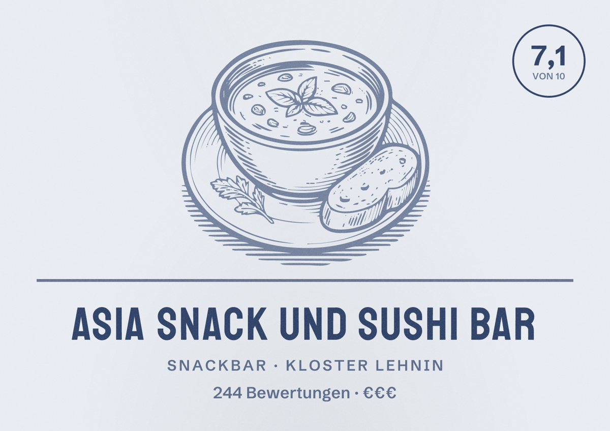 Illustriertes Poster von Asia Snack und Sushi Bar, Snackbar in Kloster Lehnin: Bewertung 7,1 von 10 aus 244 Bewertungen, Preisniveau €€€