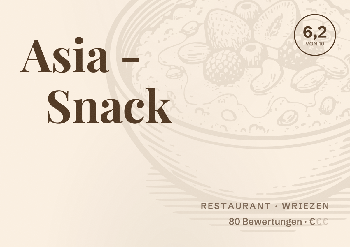 Illustriertes Poster von Asia - Snack, Restaurant in Wriezen: Bewertung 6,2 von 10 aus 80 Bewertungen, Preisniveau €