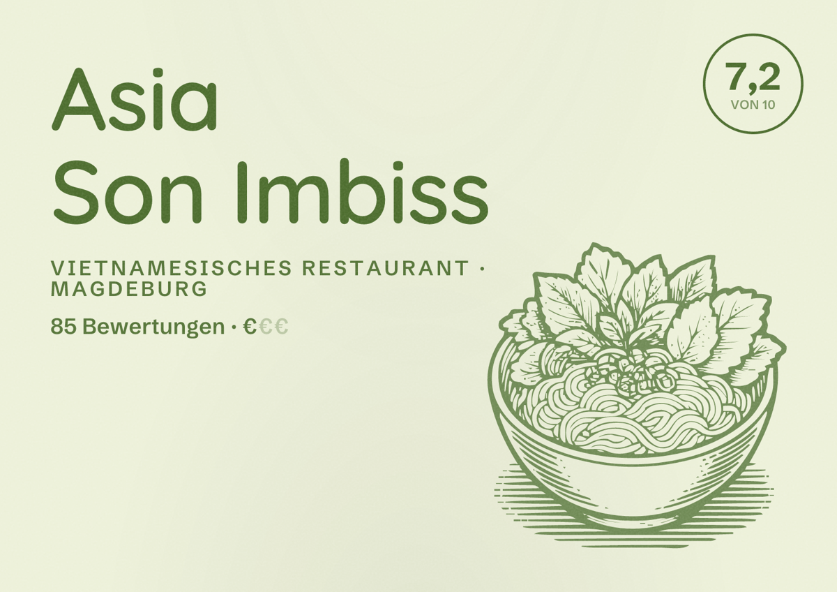 Illustriertes Poster von Asia Son Imbiss, Vietnamesisches Restaurant in Magdeburg: Bewertung 7,2 von 10 aus 85 Bewertungen, Preisniveau €