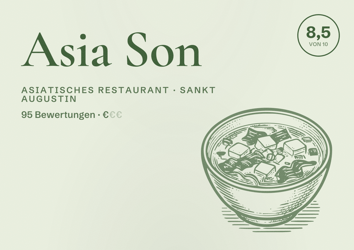 Illustriertes Poster von Asia Son, Asiatisches Restaurant in Sankt Augustin: Bewertung 8,5 von 10 aus 95 Bewertungen, Preisniveau €