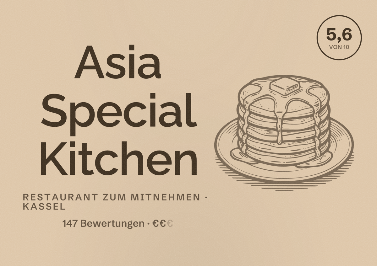 Illustriertes Poster von Asia Special Kitchen, Restaurant zum Mitnehmen in Kassel: Bewertung 5,6 von 10 aus 147 Bewertungen, Preisniveau €€