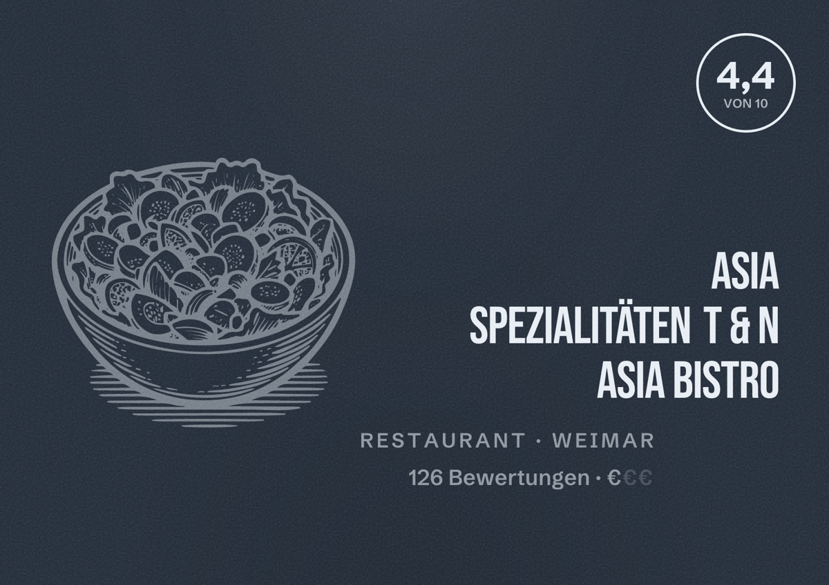 Illustriertes Poster von Asia Spezialitäten T & N Asia Bistro, Restaurant in Weimar: Bewertung 4,4 von 10 aus 126 Bewertungen, Preisniveau €