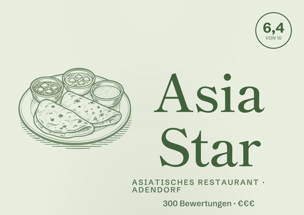 Illustriertes Poster von Asia Star, Asiatisches Restaurant in Adendorf: Bewertung 6,4 von 10 aus 300 Bewertungen, Preisniveau €€€