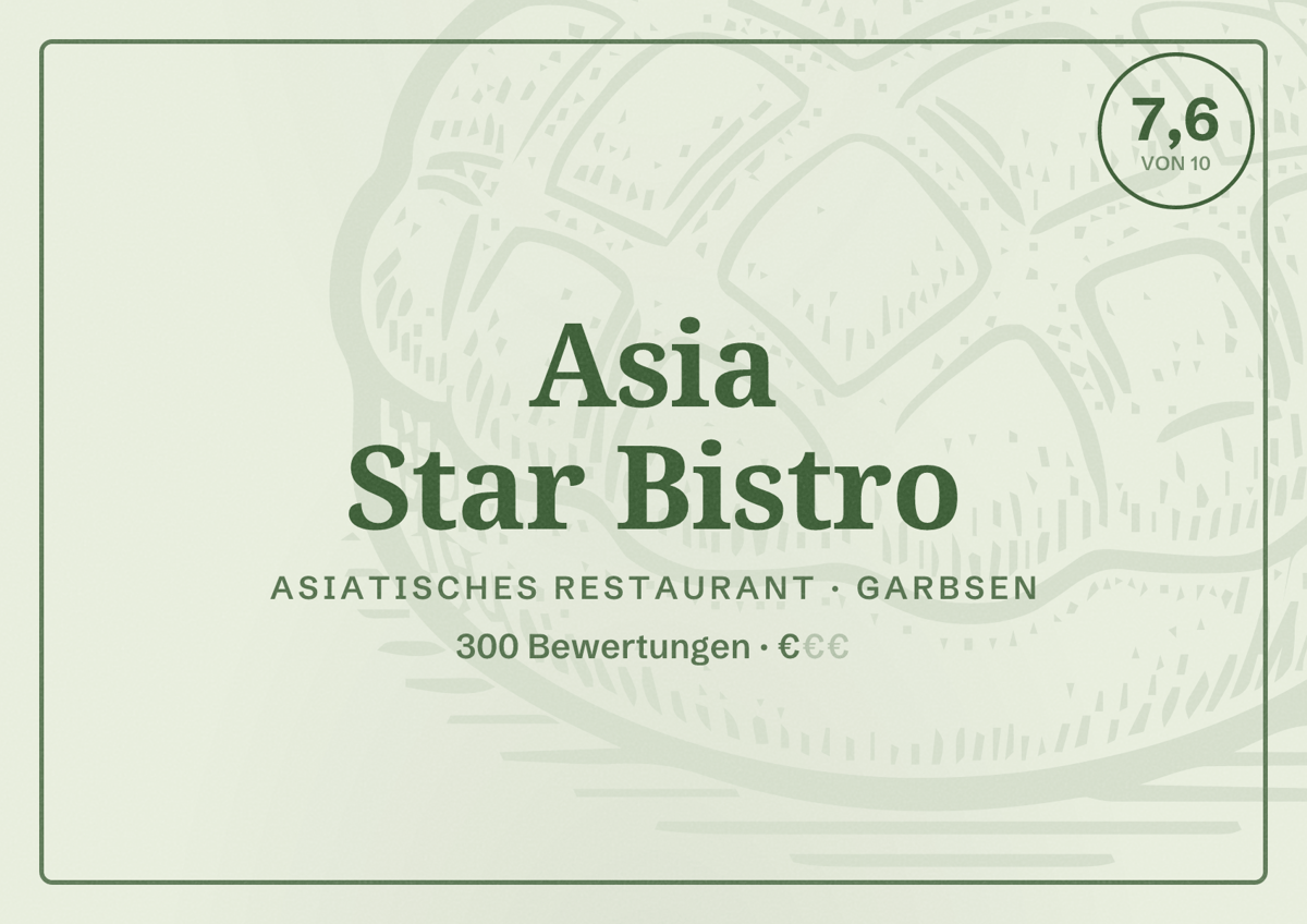 Illustriertes Poster von Asia Star Bistro, Asiatisches Restaurant in Garbsen: Bewertung 7,6 von 10 aus 300 Bewertungen, Preisniveau €