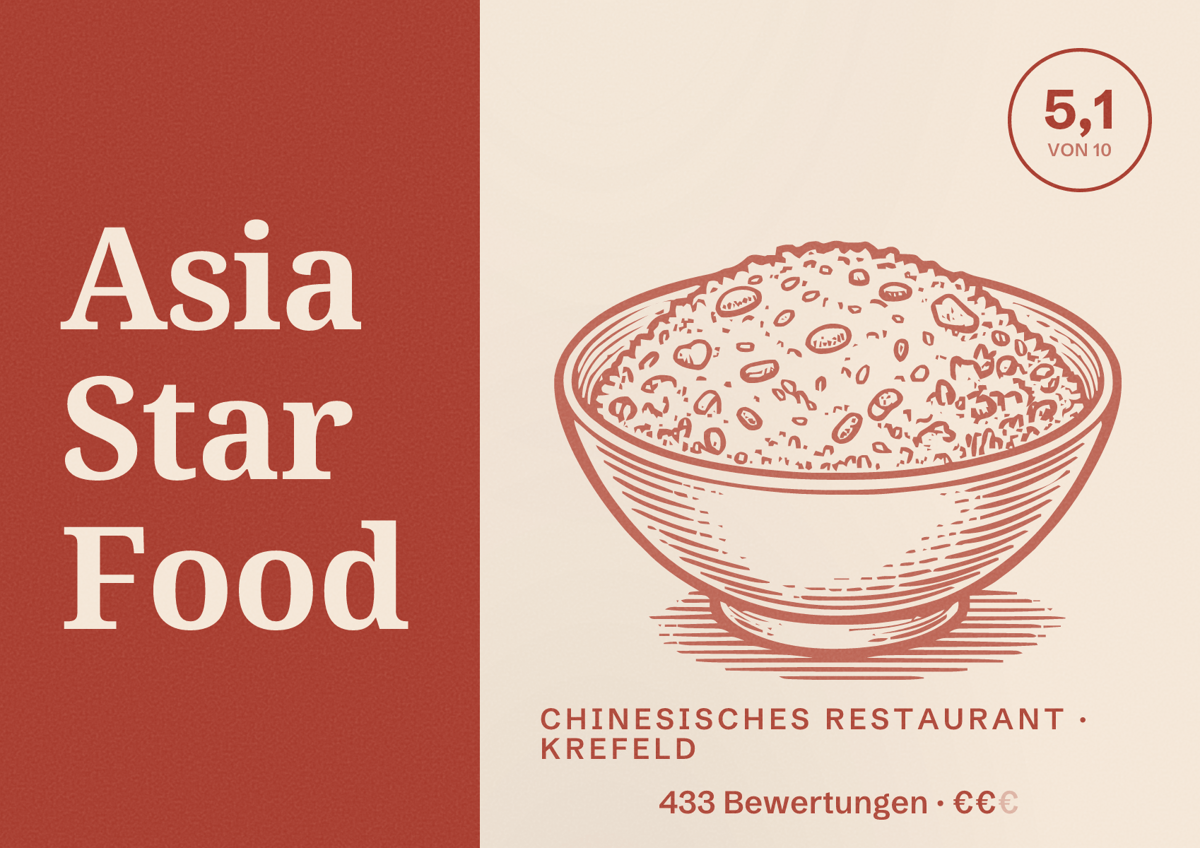 Illustriertes Poster von Asia Star Food, Chinesisches Restaurant in Krefeld: Bewertung 5,1 von 10 aus 433 Bewertungen, Preisniveau €€