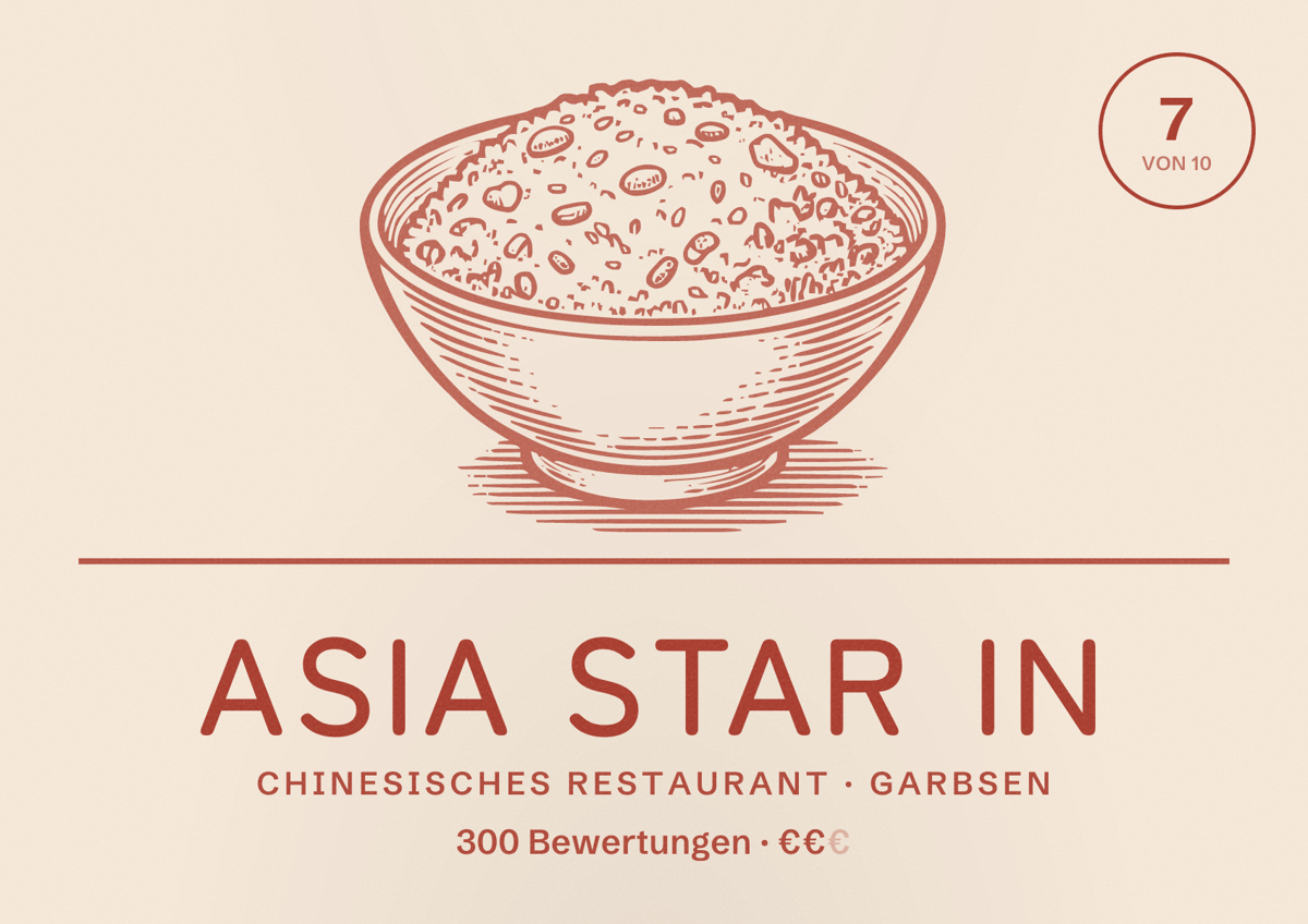 Illustriertes Poster von Asia Star in, Chinesisches Restaurant in Garbsen: Bewertung 7 von 10 aus 300 Bewertungen, Preisniveau €€