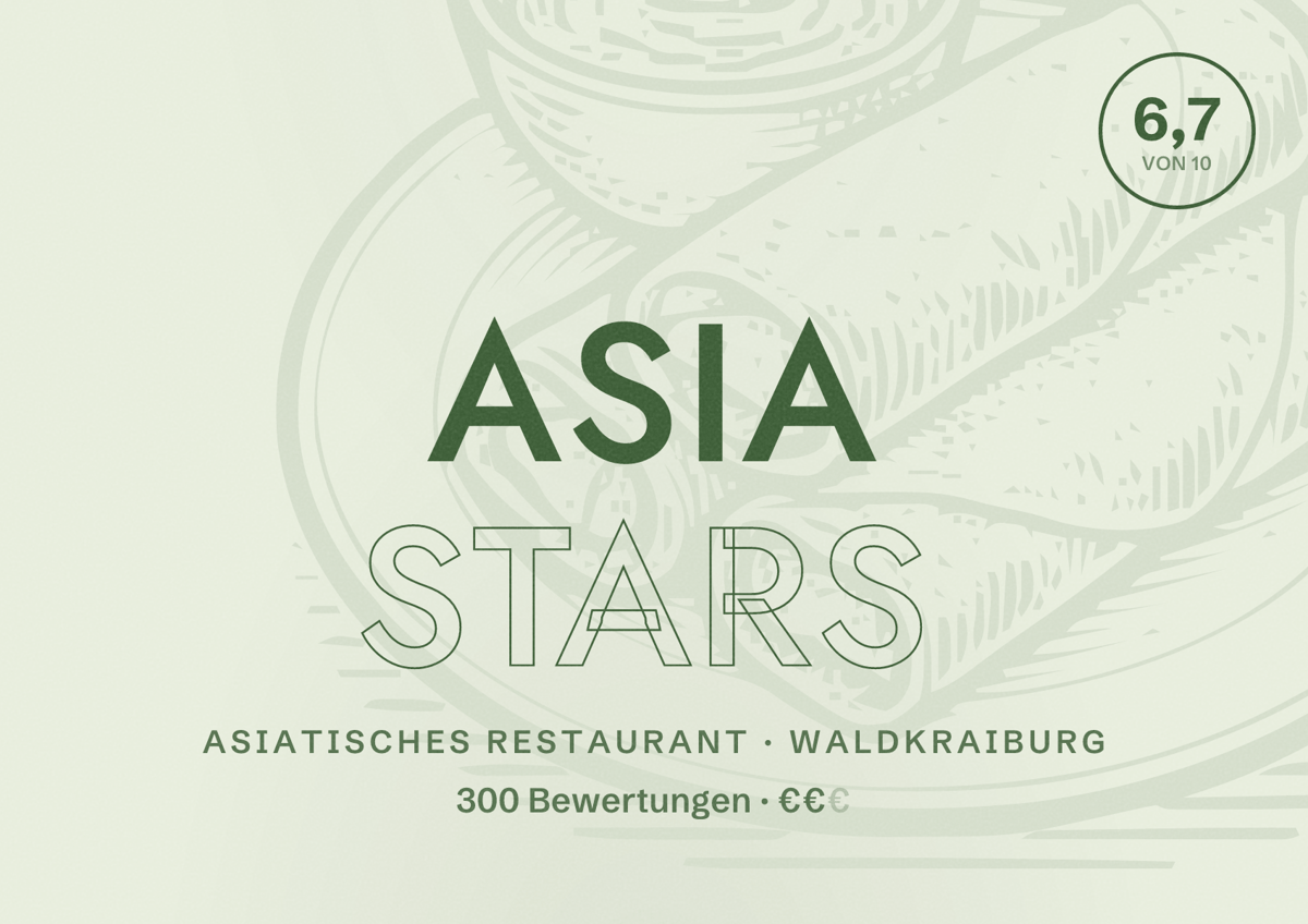 Illustriertes Poster von Asia Stars, Asiatisches Restaurant in Waldkraiburg: Bewertung 6,7 von 10 aus 300 Bewertungen, Preisniveau €€