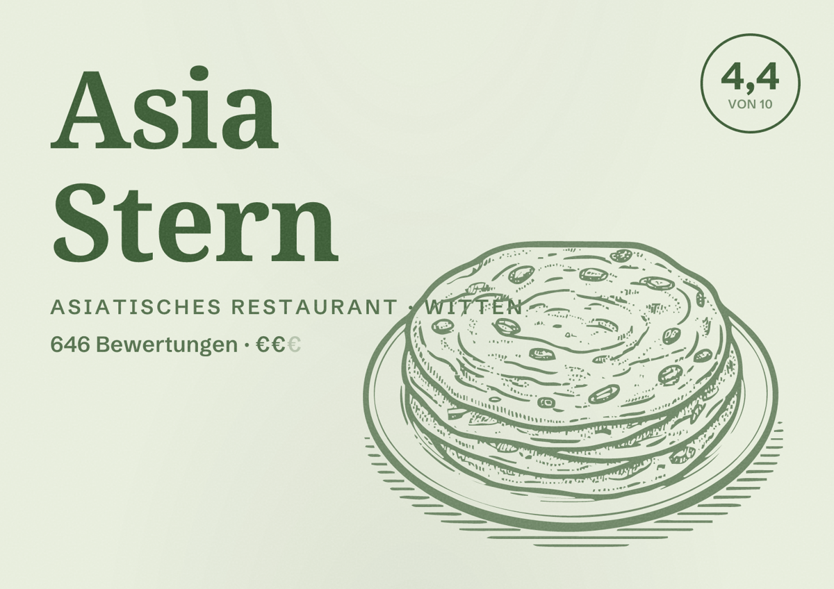 Illustriertes Poster von Asia Stern, Asiatisches Restaurant in Witten: Bewertung 4,4 von 10 aus 646 Bewertungen, Preisniveau €€