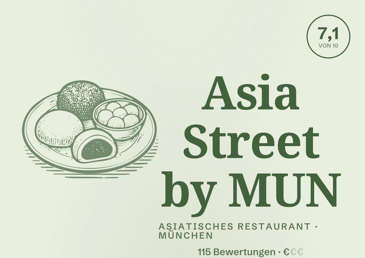 Illustriertes Poster von Asia Street by MUN, Asiatisches Restaurant in München: Bewertung 7,1 von 10 aus 115 Bewertungen, Preisniveau €