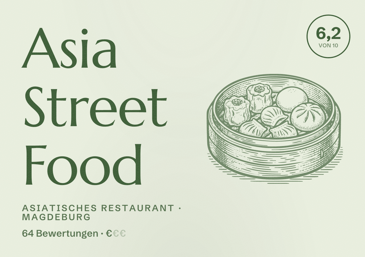 Illustriertes Poster von Asia Street Food, Asiatisches Restaurant in Magdeburg: Bewertung 6,2 von 10 aus 64 Bewertungen, Preisniveau €
