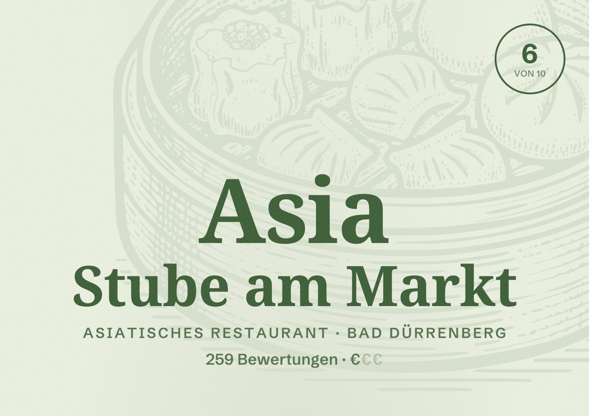 Illustriertes Poster von Asia Stube am Markt, Asiatisches Restaurant in Bad Dürrenberg: Bewertung 6 von 10 aus 259 Bewertungen, Preisniveau €