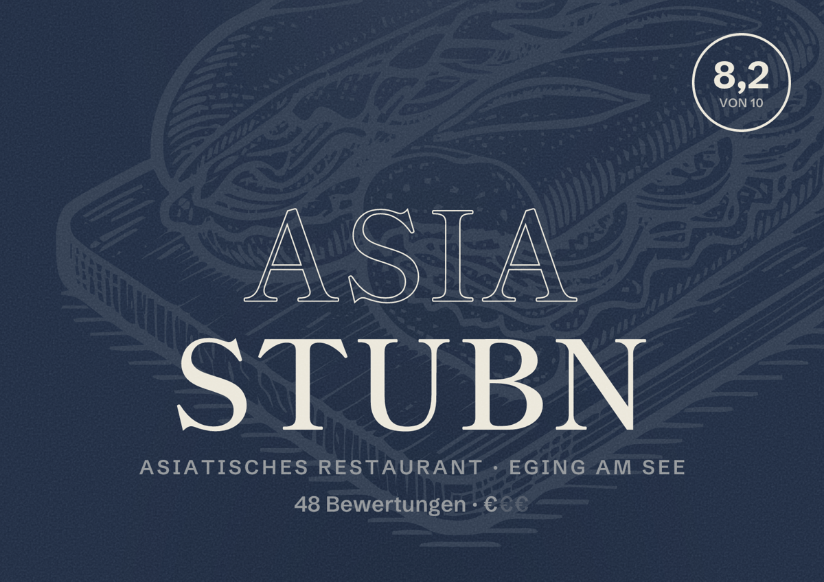 Illustriertes Poster von Asia Stubn, Asiatisches Restaurant in Eging am See: Bewertung 8,2 von 10 aus 48 Bewertungen, Preisniveau €