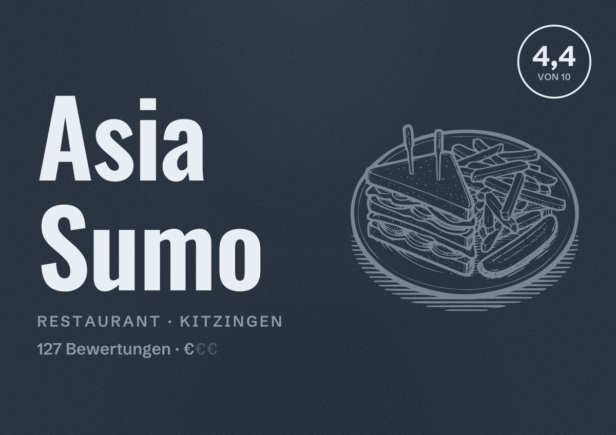Illustriertes Poster von Asia Sumo, Restaurant in Kitzingen: Bewertung 4,4 von 10 aus 127 Bewertungen, Preisniveau €