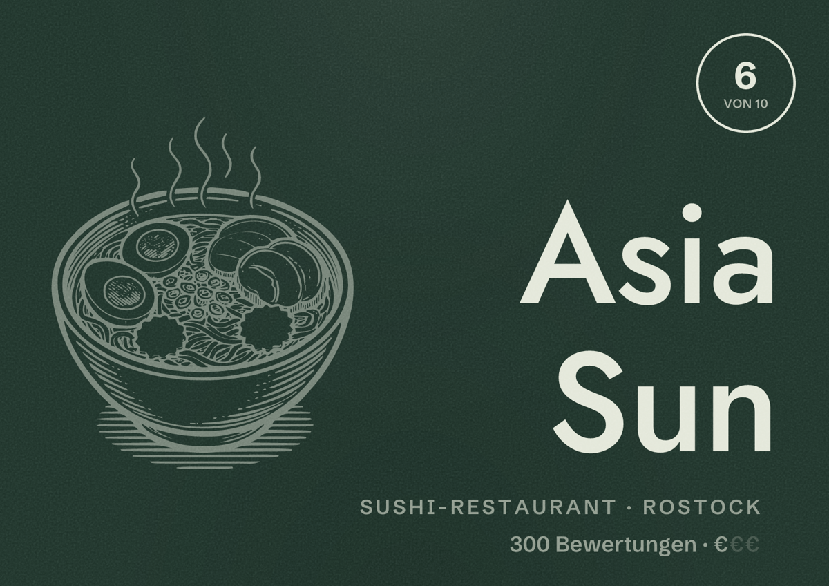 Illustriertes Poster von Asia Sun, Sushi-Restaurant in Rostock: Bewertung 6 von 10 aus 300 Bewertungen, Preisniveau €