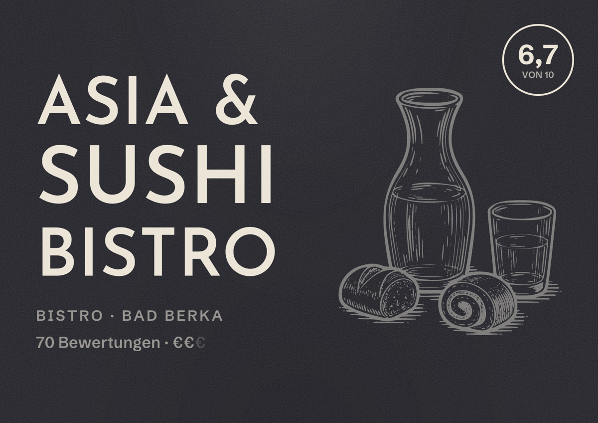 Illustriertes Poster von Asia & Sushi Bistro, Bistro in Bad Berka: Bewertung 6,7 von 10 aus 70 Bewertungen, Preisniveau €€