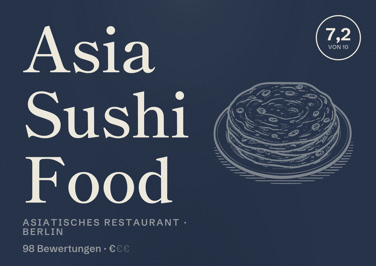Illustriertes Poster von Asia Sushi Food, Asiatisches Restaurant in Berlin: Bewertung 7,2 von 10 aus 98 Bewertungen, Preisniveau €