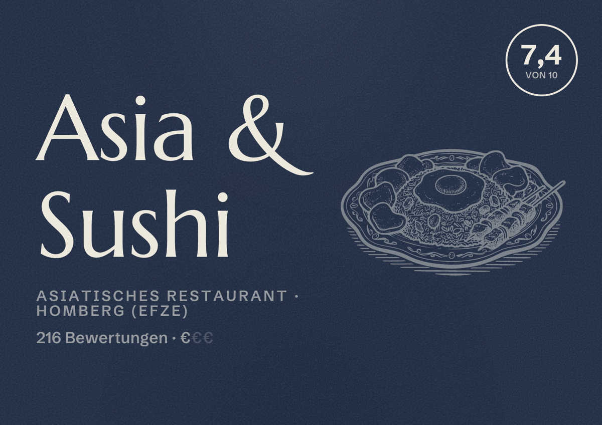 Illustriertes Poster von Asia & Sushi, Asiatisches Restaurant in Homberg (Efze): Bewertung 7,4 von 10 aus 216 Bewertungen, Preisniveau €