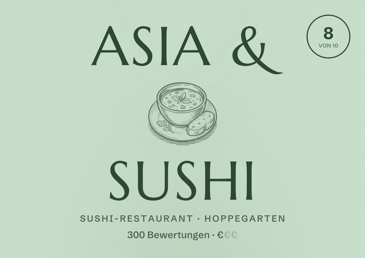 Illustriertes Poster von Asia & Sushi, Sushi-Restaurant in Hoppegarten: Bewertung 8 von 10 aus 300 Bewertungen, Preisniveau €