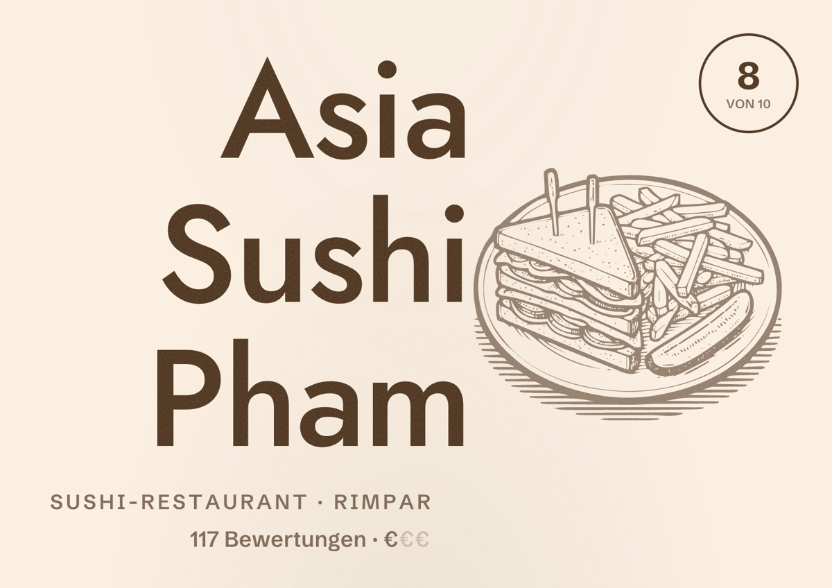 Illustriertes Poster von Asia Sushi Pham, Sushi-Restaurant in Rimpar: Bewertung 8 von 10 aus 117 Bewertungen, Preisniveau €