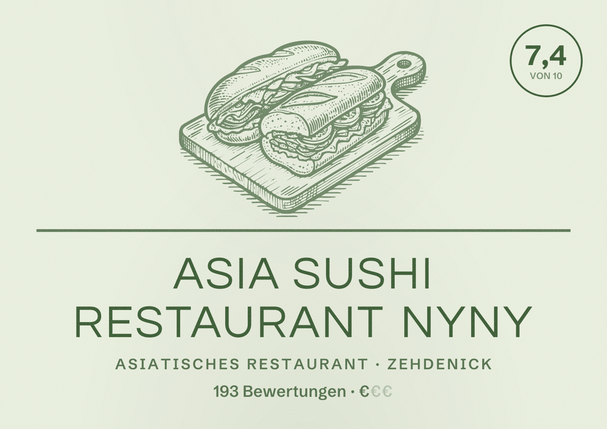 Illustriertes Poster von Asia Sushi Restaurant NyNy, Asiatisches Restaurant in Zehdenick: Bewertung 7,4 von 10 aus 193 Bewertungen, Preisniveau €