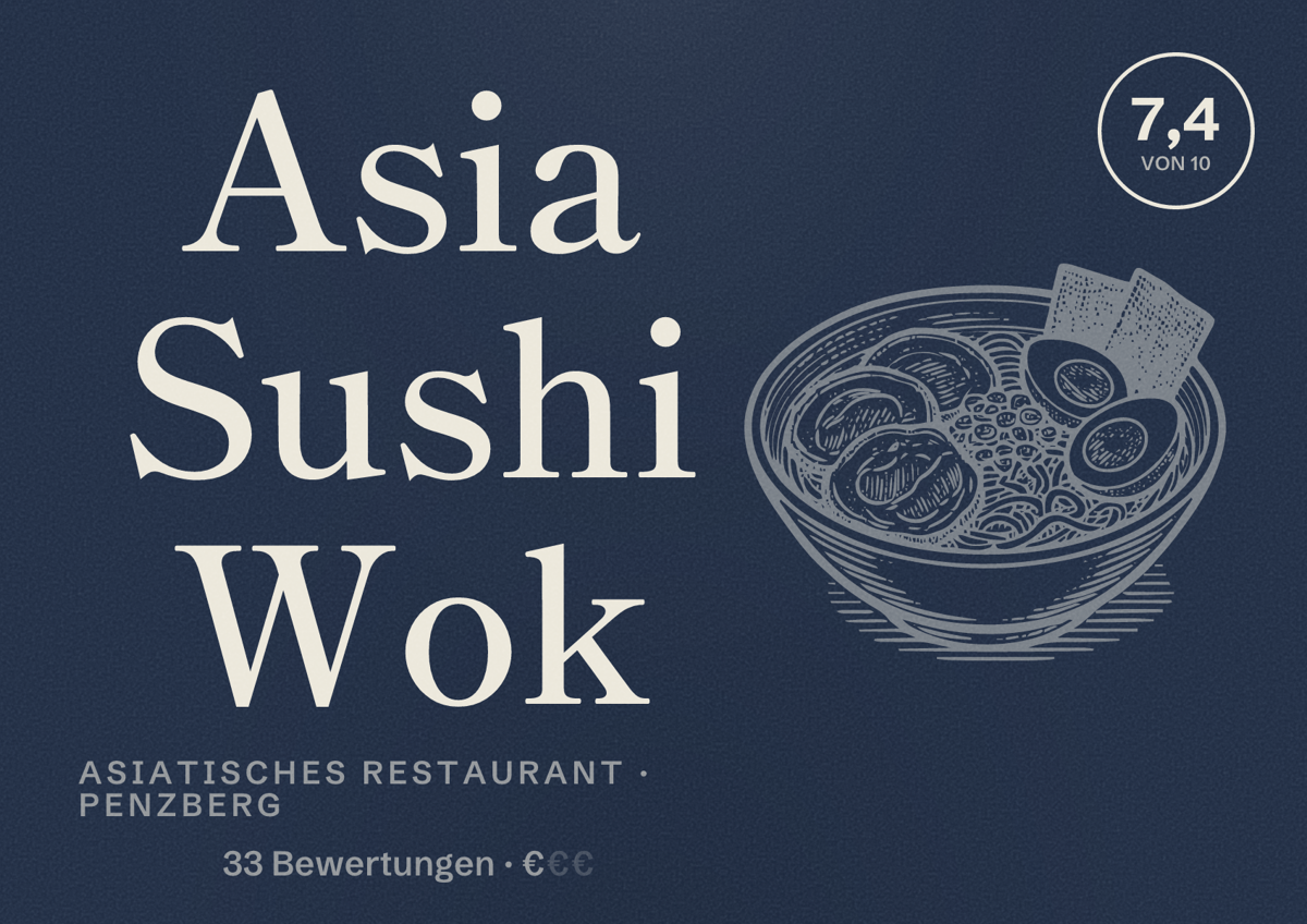 Illustriertes Poster von Asia Sushi Wok, Asiatisches Restaurant in Penzberg: Bewertung 7,4 von 10 aus 33 Bewertungen, Preisniveau €