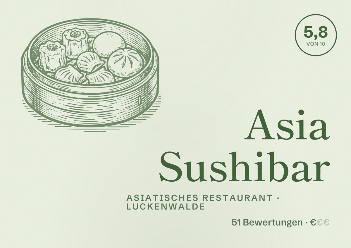 Illustriertes Poster von Asia Sushibar, Asiatisches Restaurant in Luckenwalde: Bewertung 5,8 von 10 aus 51 Bewertungen, Preisniveau €