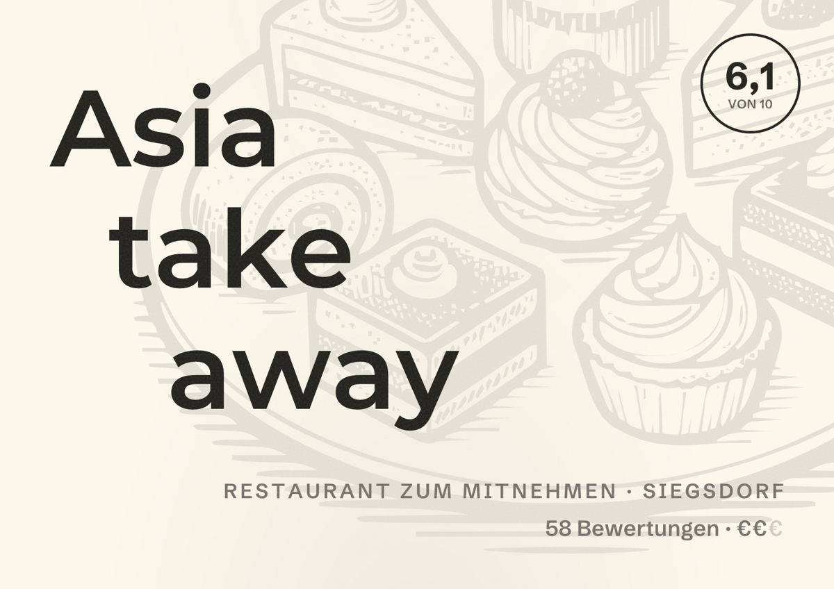 Illustriertes Poster von Asia take away, Restaurant zum Mitnehmen in Siegsdorf: Bewertung 6,1 von 10 aus 58 Bewertungen, Preisniveau €€