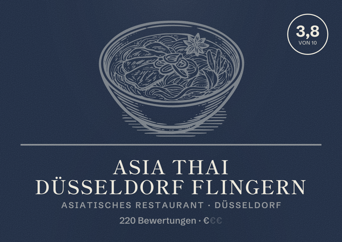 Illustriertes Poster von Asia Thai Düsseldorf Flingern, Asiatisches Restaurant in Düsseldorf: Bewertung 3,8 von 10 aus 220 Bewertungen, Preisniveau €