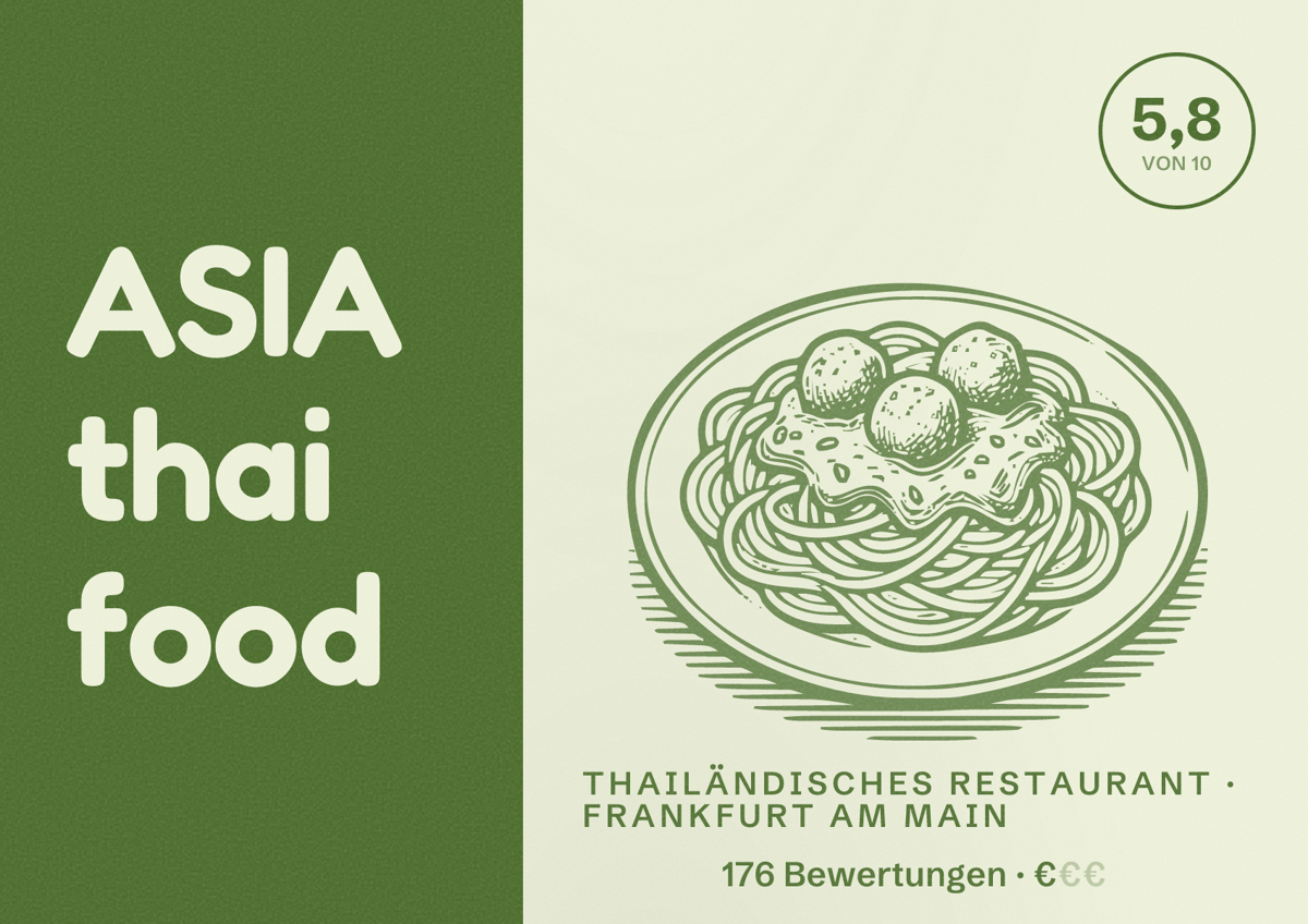 Illustriertes Poster von ASIA thai food, Thailändisches Restaurant in Frankfurt am Main: Bewertung 5,8 von 10 aus 176 Bewertungen, Preisniveau €