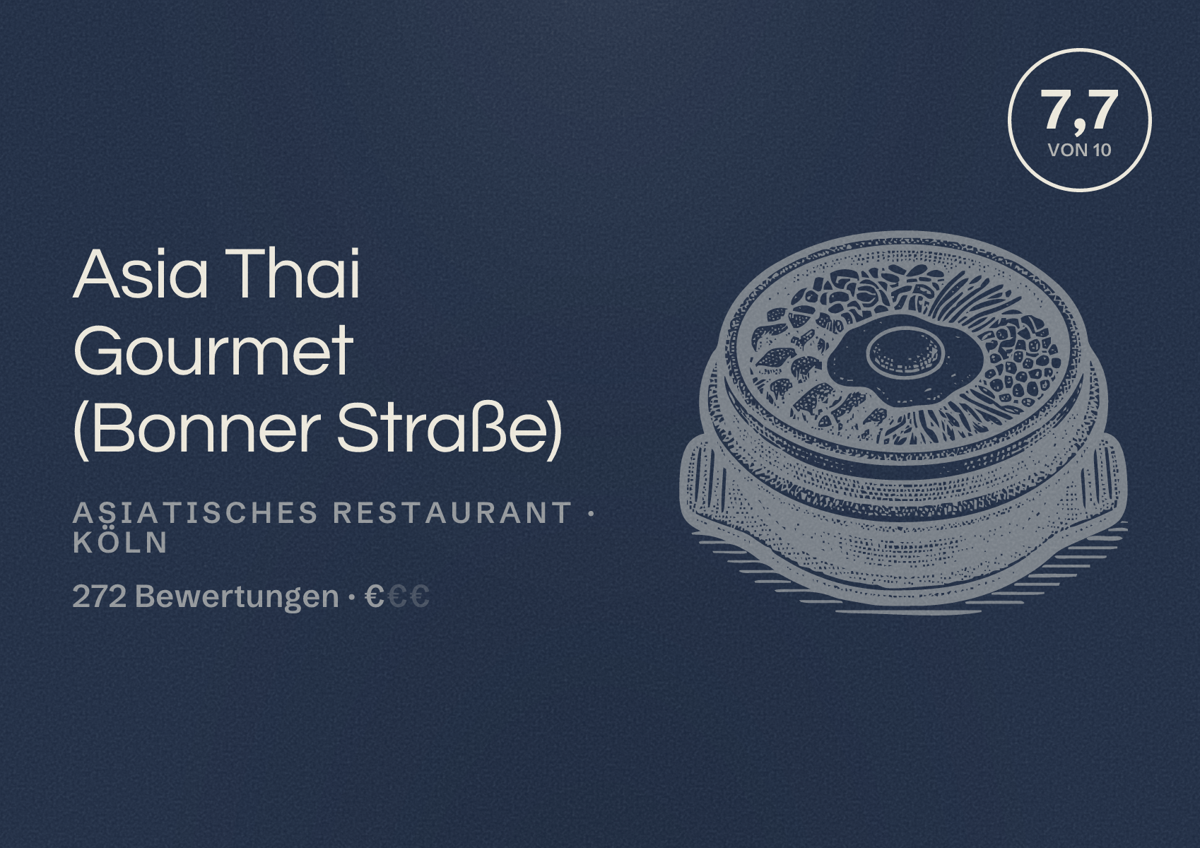 Illustriertes Poster von Asia Thai Gourmet (Bonner Straße), Asiatisches Restaurant in Köln: Bewertung 7,7 von 10 aus 272 Bewertungen, Preisniveau €