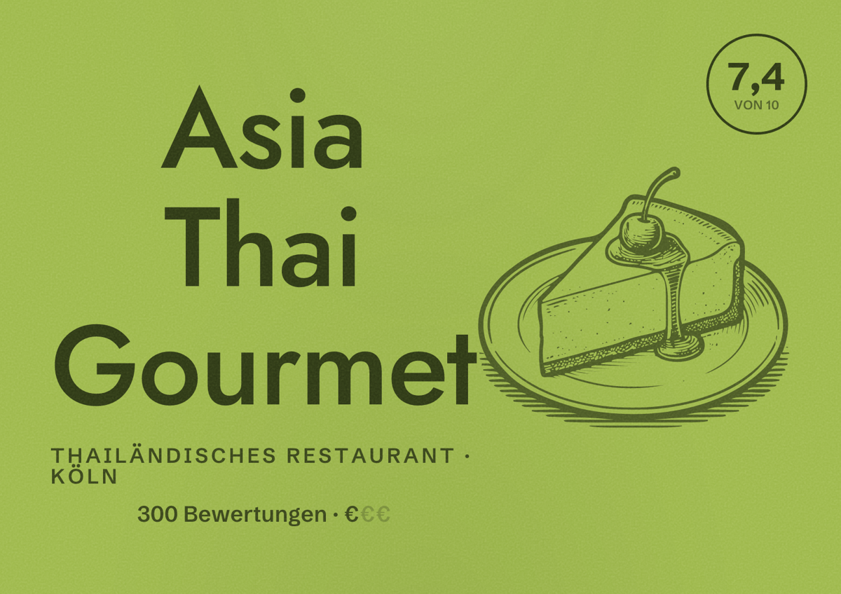 Illustriertes Poster von Asia Thai Gourmet, Thailändisches Restaurant in Köln: Bewertung 7,4 von 10 aus 300 Bewertungen, Preisniveau €