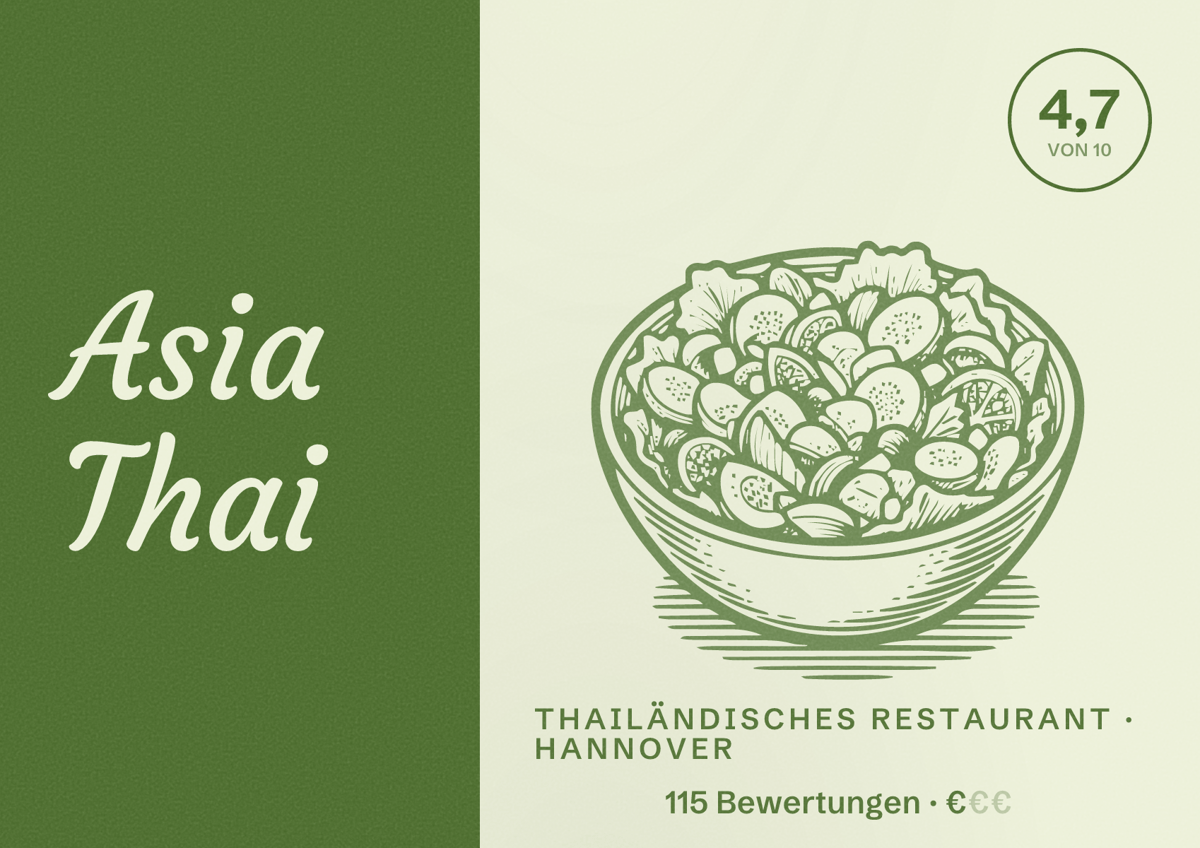 Illustriertes Poster von Asia Thai, Thailändisches Restaurant in Hannover: Bewertung 4,7 von 10 aus 115 Bewertungen, Preisniveau €