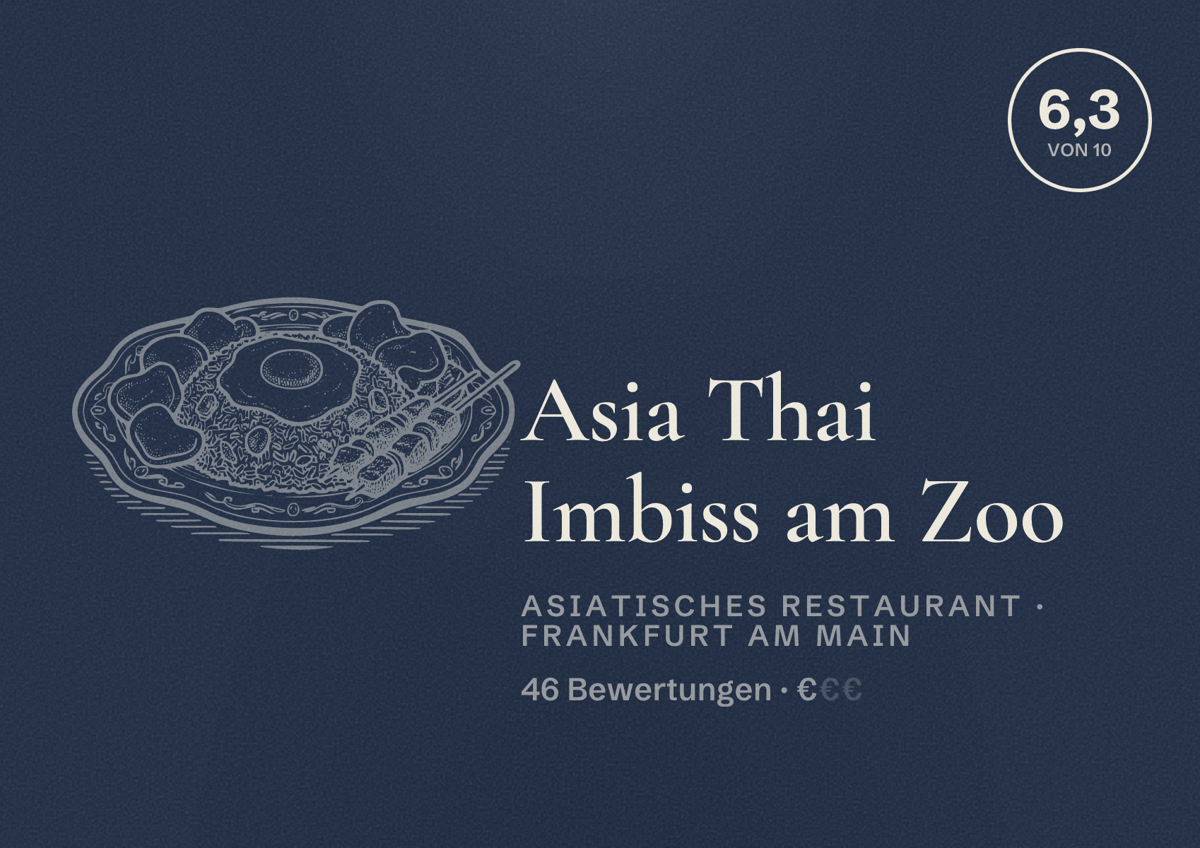 Illustriertes Poster von Asia Thai Imbiss am Zoo, Asiatisches Restaurant in Frankfurt am Main: Bewertung 6,3 von 10 aus 46 Bewertungen, Preisniveau €
