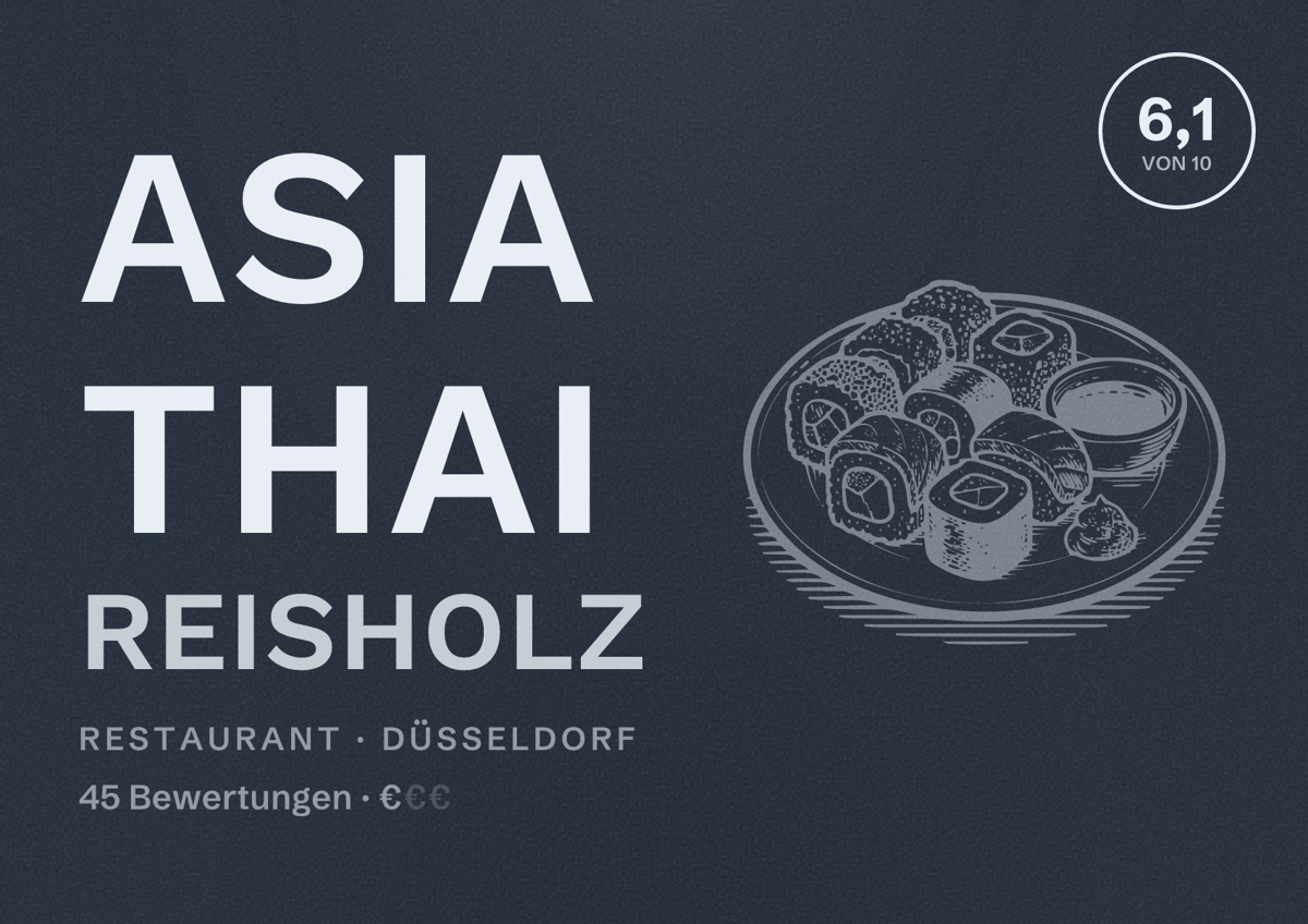 Illustriertes Poster von Asia Thai Reisholz, Restaurant in Düsseldorf: Bewertung 6,1 von 10 aus 45 Bewertungen, Preisniveau €