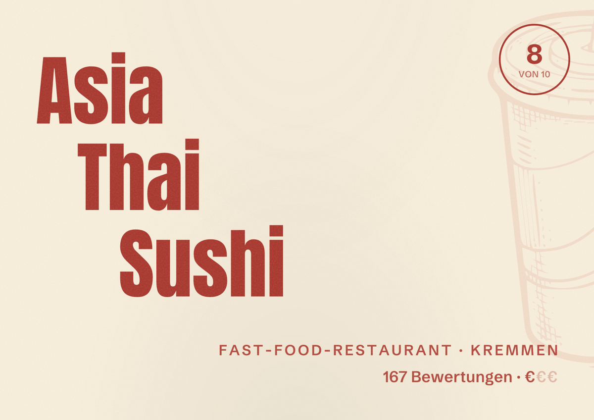 Illustriertes Poster von Asia Thai Sushi, Fast-Food-Restaurant in Kremmen: Bewertung 8 von 10 aus 167 Bewertungen, Preisniveau €