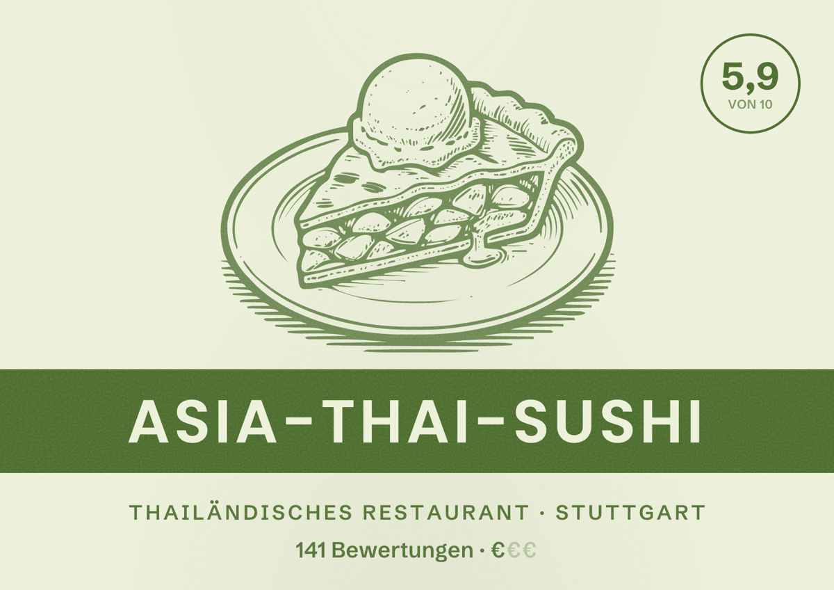 Illustriertes Poster von Asia-Thai-Sushi, Thailändisches Restaurant in Stuttgart: Bewertung 5,9 von 10 aus 141 Bewertungen, Preisniveau €