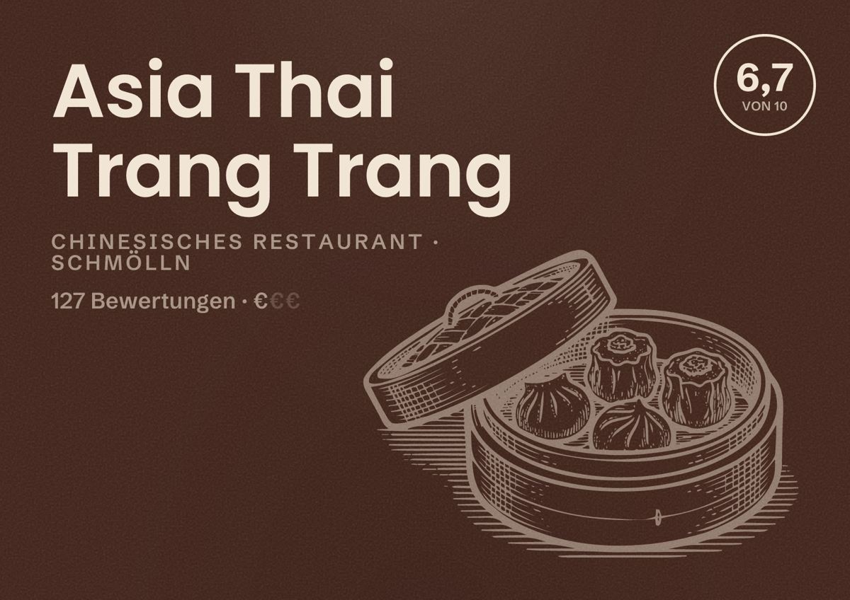 Illustriertes Poster von Asia Thai Trang Trang, Chinesisches Restaurant in Schmölln: Bewertung 6,7 von 10 aus 127 Bewertungen, Preisniveau €