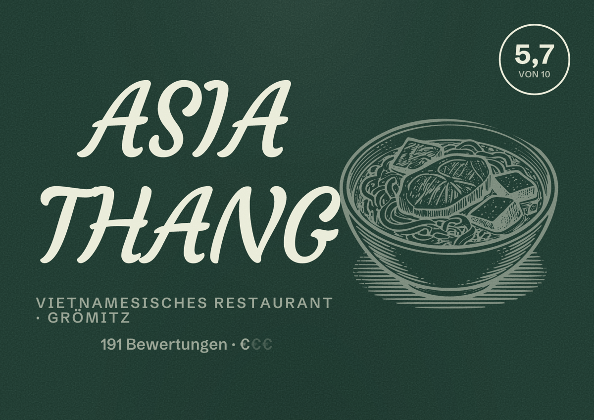 Illustriertes Poster von ASIA THANG, Vietnamesisches Restaurant in Grömitz: Bewertung 5,7 von 10 aus 191 Bewertungen, Preisniveau €
