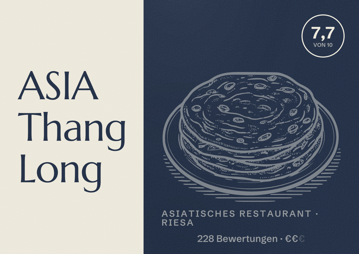 Illustriertes Poster von ASIA Thang Long, Asiatisches Restaurant in Riesa: Bewertung 7,7 von 10 aus 228 Bewertungen, Preisniveau €€