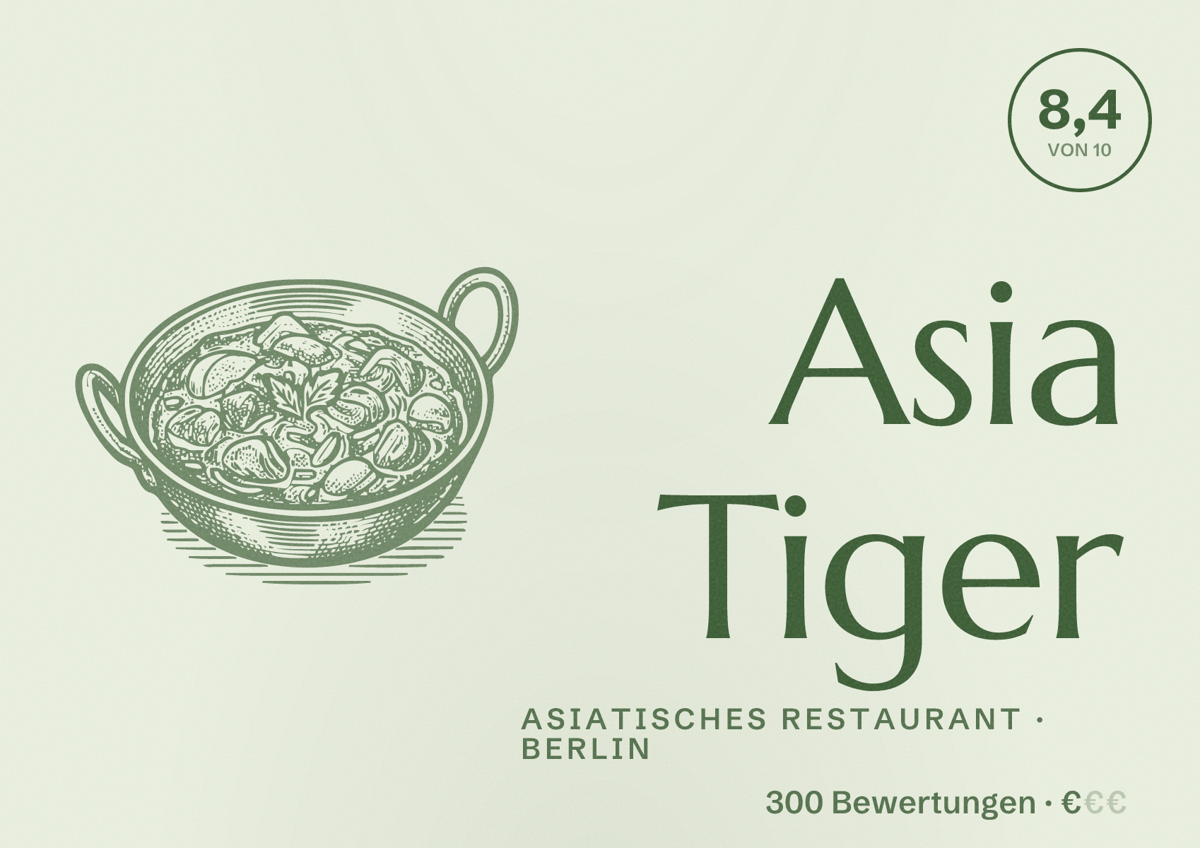 Illustriertes Poster von Asia Tiger, Asiatisches Restaurant in Berlin: Bewertung 8,4 von 10 aus 300 Bewertungen, Preisniveau €