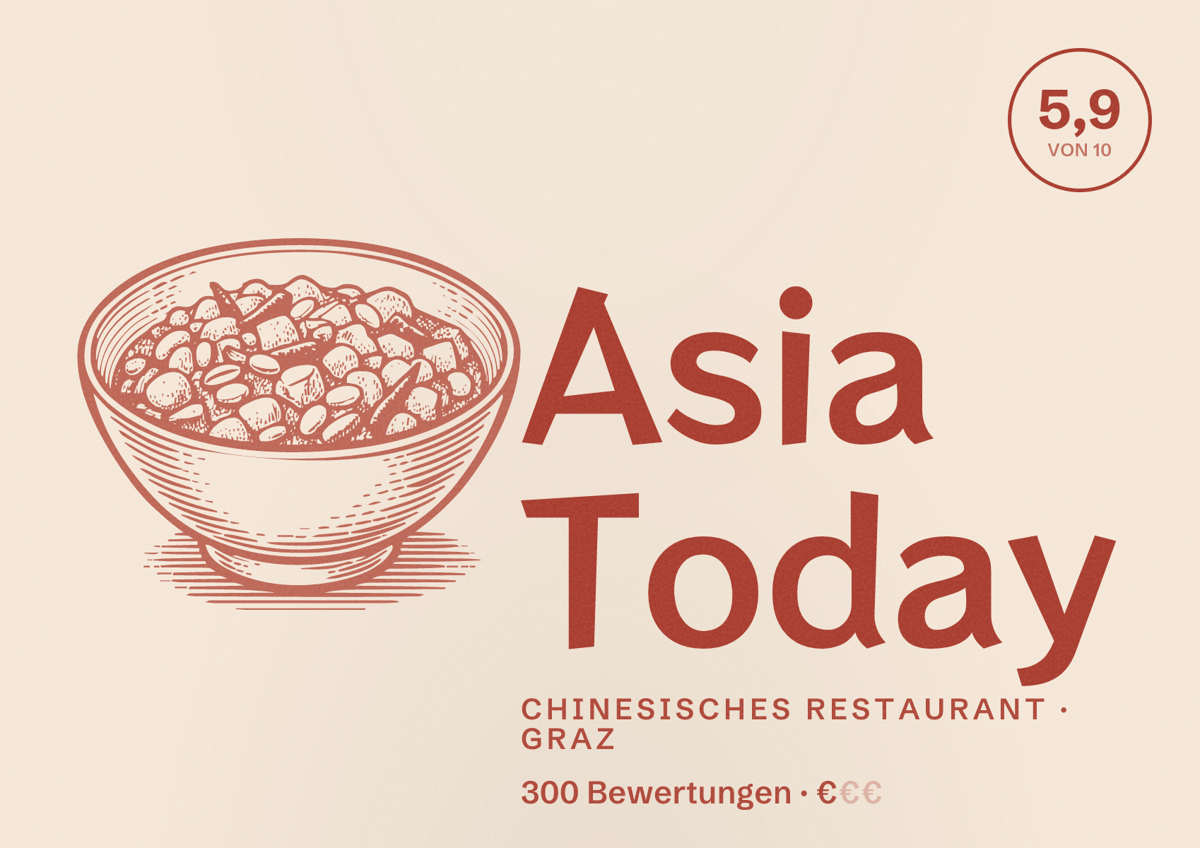 Illustriertes Poster von Asia Today, Chinesisches Restaurant in Graz: Bewertung 5,9 von 10 aus 300 Bewertungen, Preisniveau €