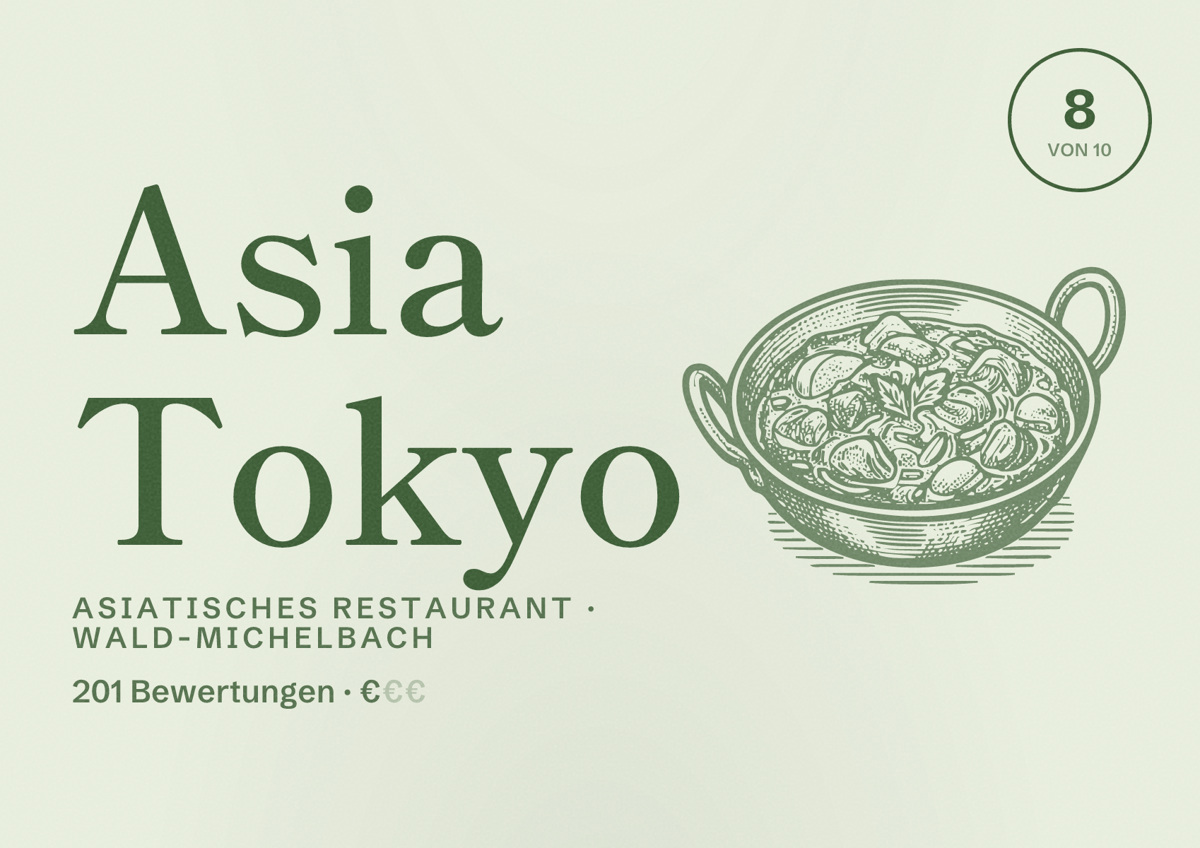 Illustriertes Poster von Asia Tokyo, Asiatisches Restaurant in Wald-Michelbach: Bewertung 8 von 10 aus 201 Bewertungen, Preisniveau €
