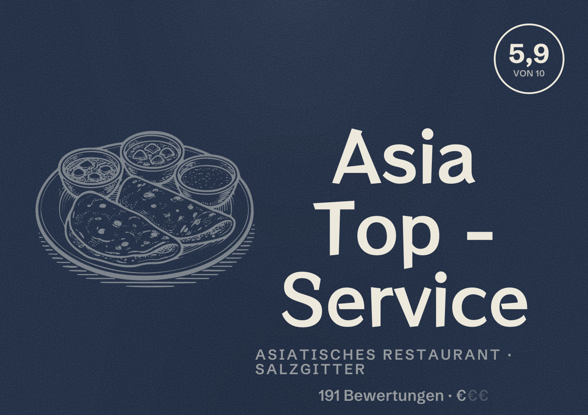 Illustriertes Poster von Asia Top - Service, Asiatisches Restaurant in Salzgitter: Bewertung 5,9 von 10 aus 191 Bewertungen, Preisniveau €