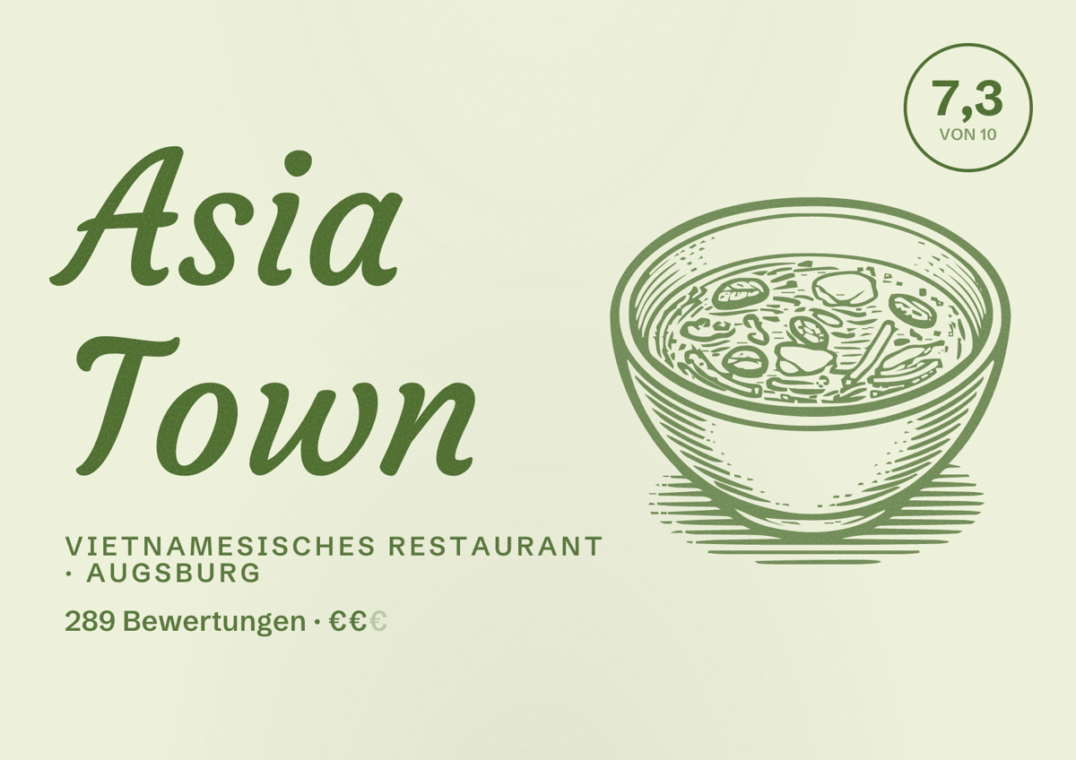 Illustriertes Poster von Asia Town, Vietnamesisches Restaurant in Augsburg: Bewertung 7,3 von 10 aus 289 Bewertungen, Preisniveau €€