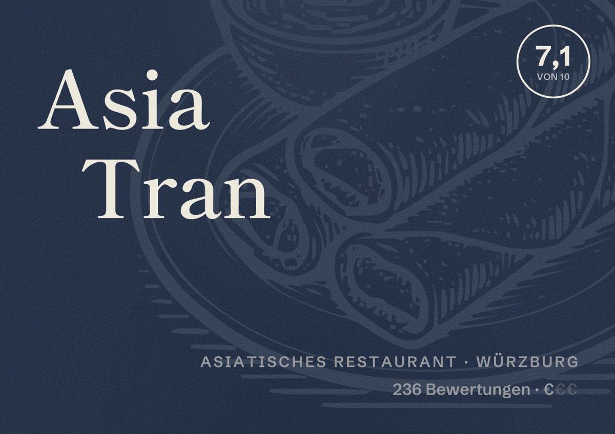 Illustriertes Poster von Asia Tran, Asiatisches Restaurant in Würzburg: Bewertung 7,1 von 10 aus 236 Bewertungen, Preisniveau €