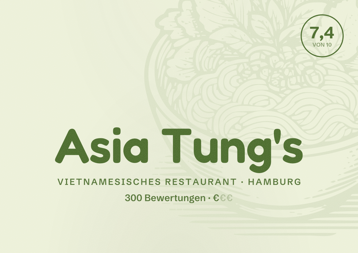 Illustriertes Poster von Asia Tung's, Vietnamesisches Restaurant in Hamburg: Bewertung 7,4 von 10 aus 300 Bewertungen, Preisniveau €
