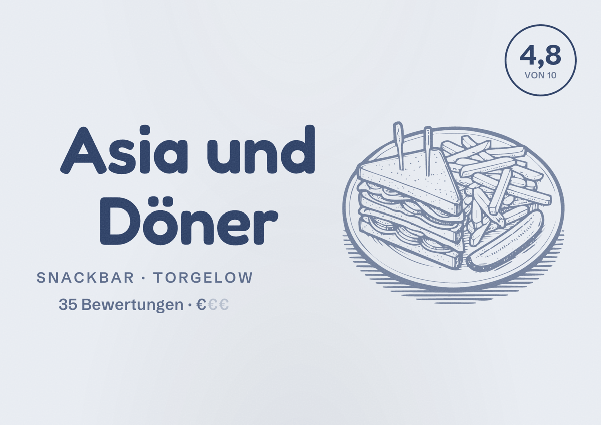 Illustriertes Poster von Asia und Döner, Snackbar in Torgelow: Bewertung 4,8 von 10 aus 35 Bewertungen, Preisniveau €